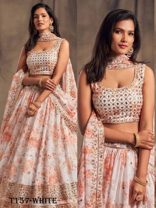Beautiful White With  Pink Flower Organza Digital Print Lehenga Choli