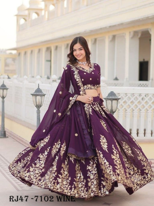 Beautiful Wine Sequins Georgette Wedding Lehenga Choli With Dupatta