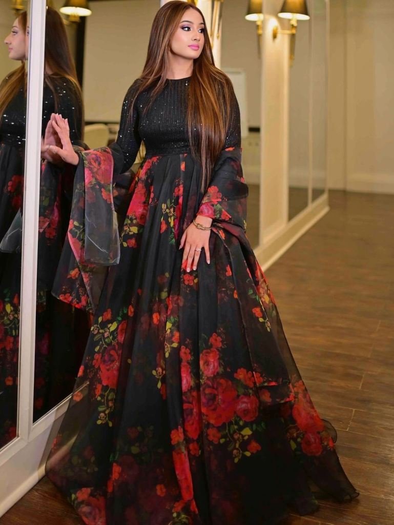 Black  Floral Printed Sequence Work Lehenga