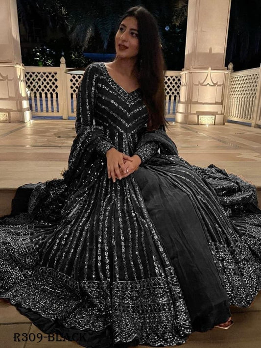 Black Full Stitched Party Wear Georgette Lehenga