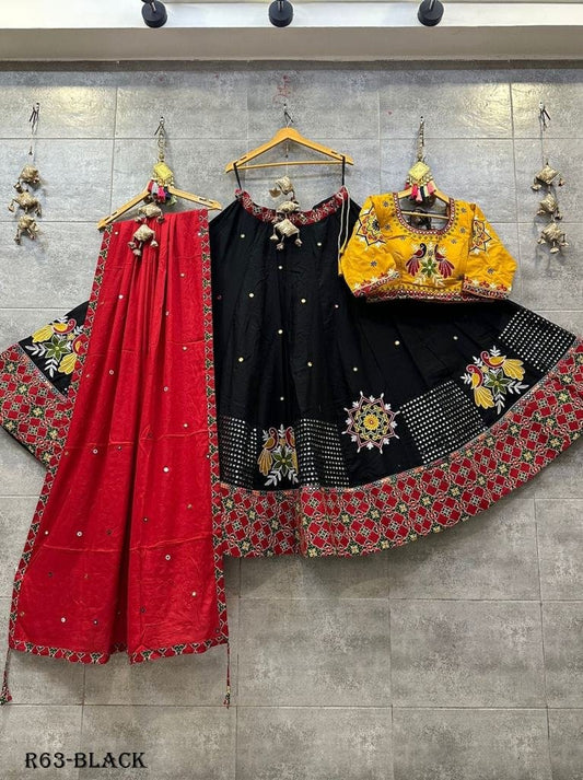 Black Gamthi Work Pure Cotton Chaniya Choli With Yellow Blouse