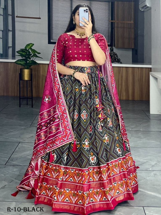 Black Patola And Bandhani Print Tussar Silk Lehenga Choli With Pink Blouse
