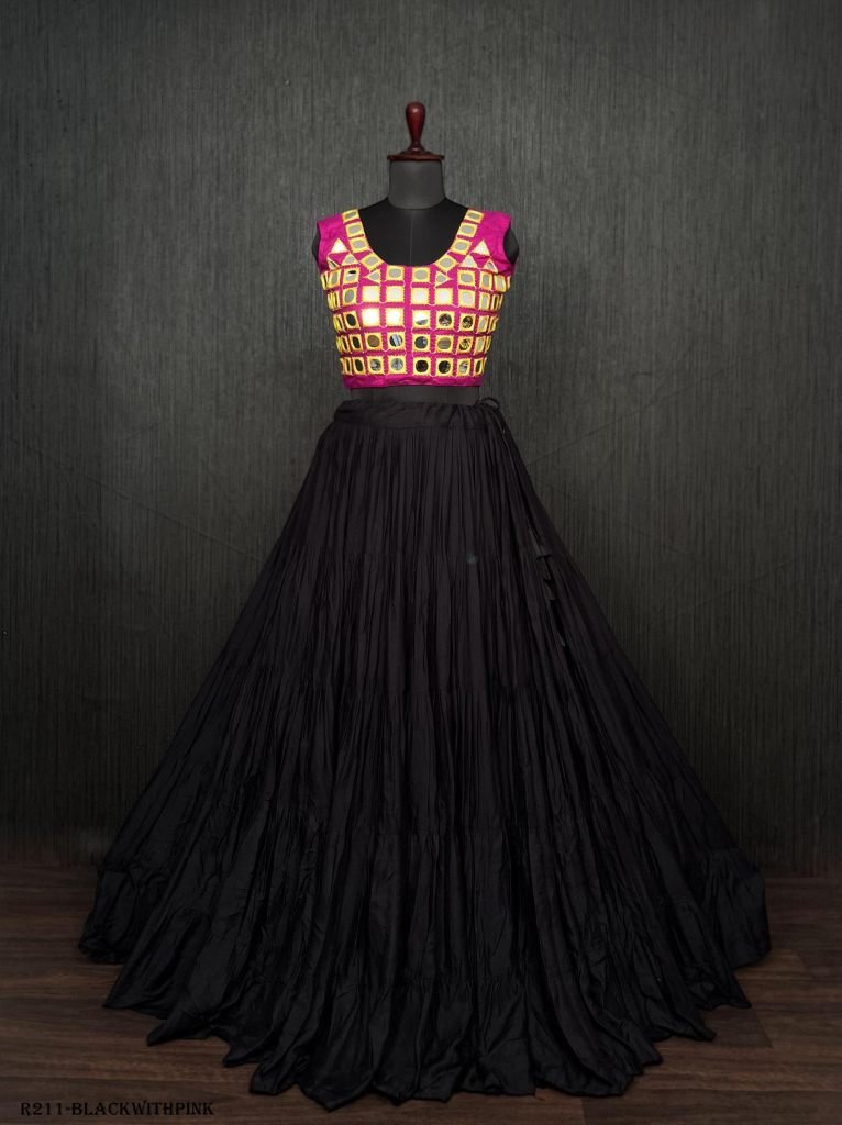 Black Real Mirror Work Rayon Navratri Lehenga Choli With Pink Blouse