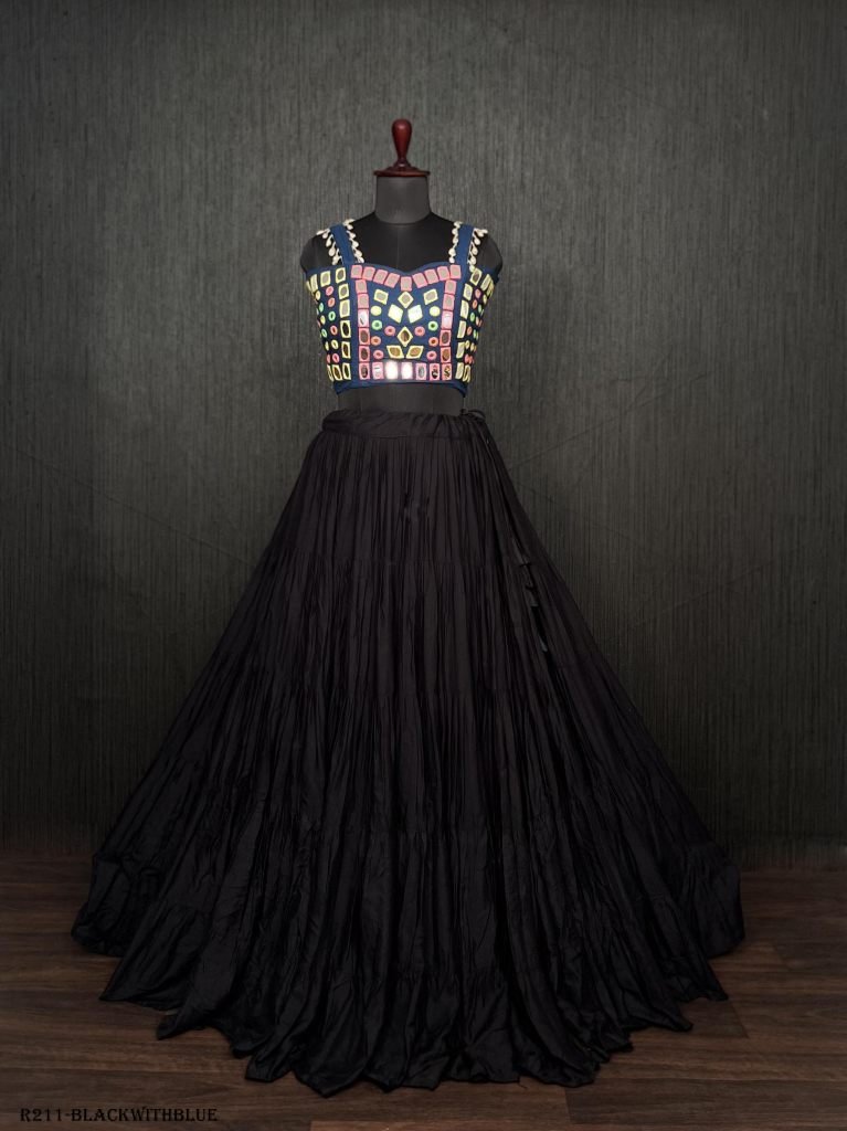 Black Real Mirror Work Rayon Navratri Lehenga Choli With Blue Blouse