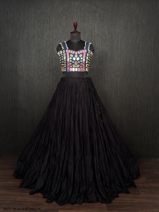 Black Real Mirror Work Rayon Navratri Lehenga Choli With Blue Blouse