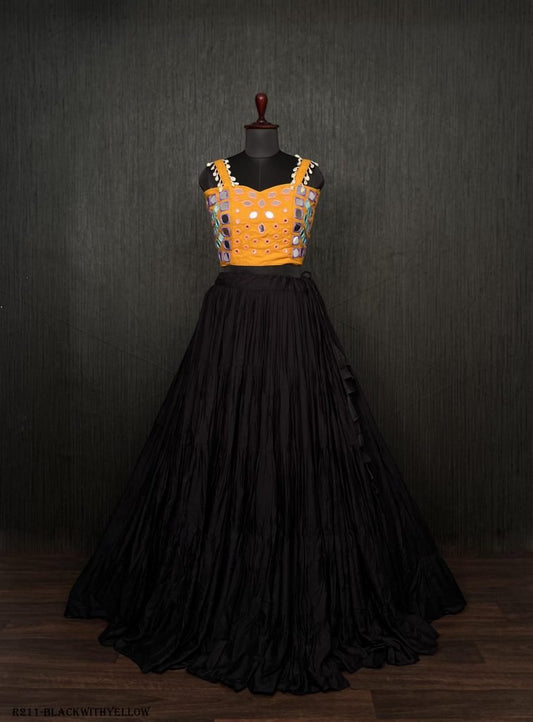 Black Real Mirror Work Rayon Navratri Lehenga Choli With Yellow Blouse