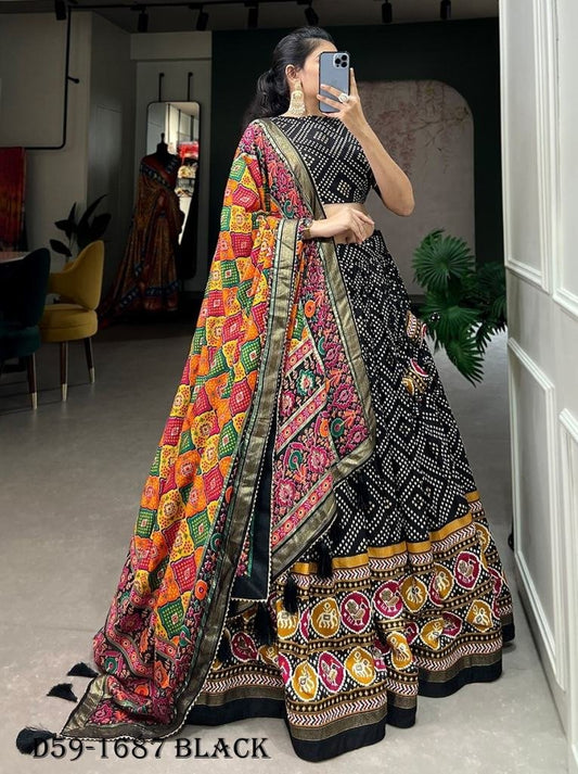 Black Tussar Silk Lehenga with Bandhej Print and Foil Work
