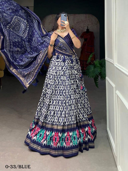 Blue Tussar Silk Ikkat Print Lehenga Choli With Foil Work