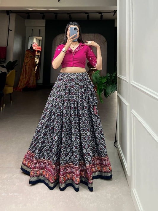 Blue Patola With Foil Print Cotton Lehenga Co ord Set