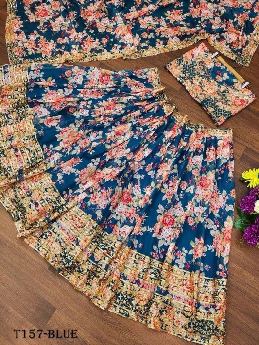 Blue Soft Organza Digital Printed Lehenga Choli For Women