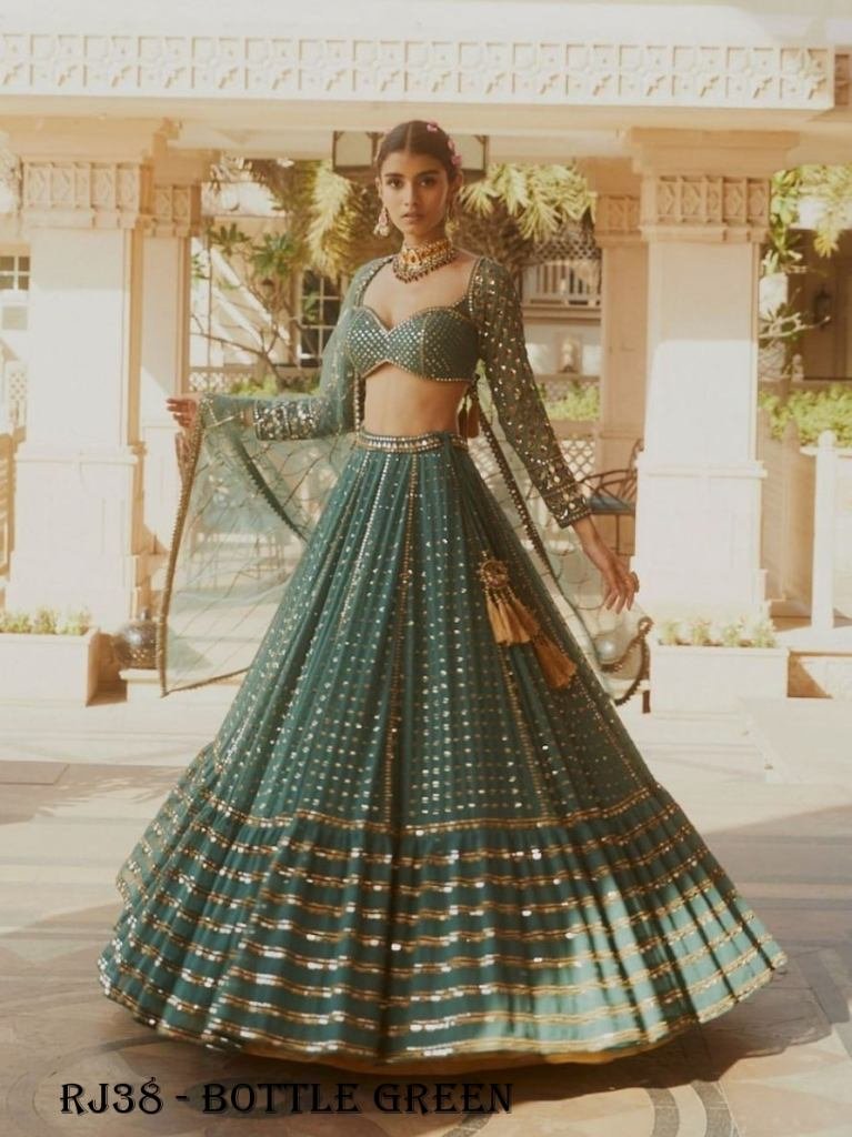 Bottle Green Georgette Embroidered Sequence Work Designer Lehenga Choli