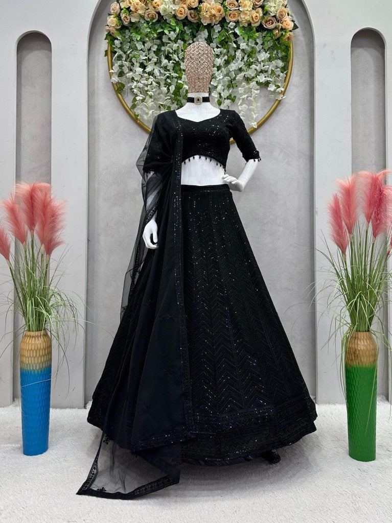 Boutique Style Black Georgette Sequence Semi Stitched Lehenga Choli
