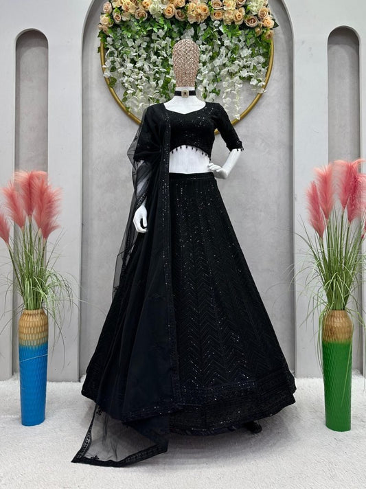 Boutique Style Black Georgette Sequence Semi Stitched Lehenga Choli