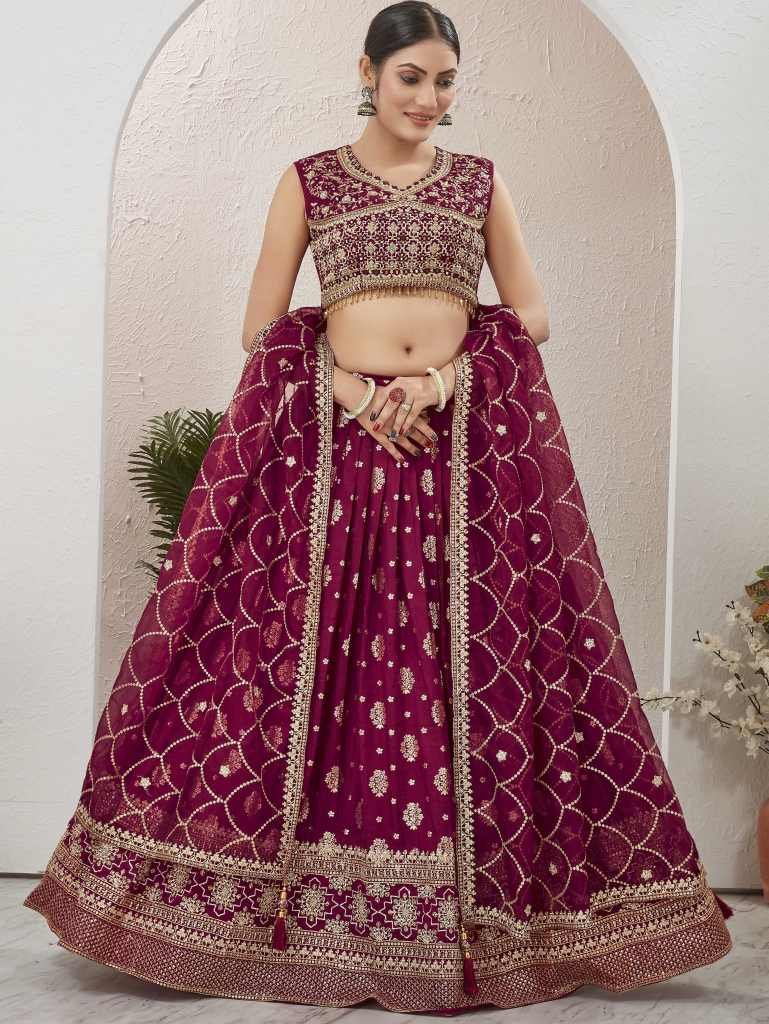 Bridal Wear Maroon Dola Silk Embroidered  StitchedLehenga Choli