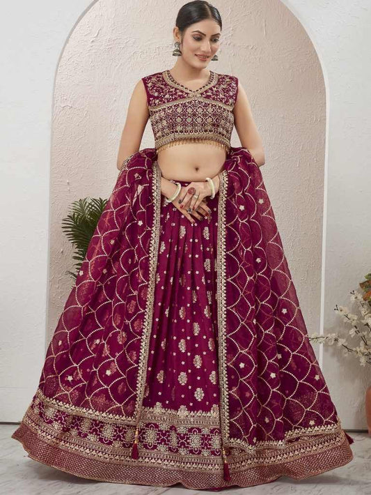 Bridal Wear Maroon Dola Silk Embroidered  StitchedLehenga Choli