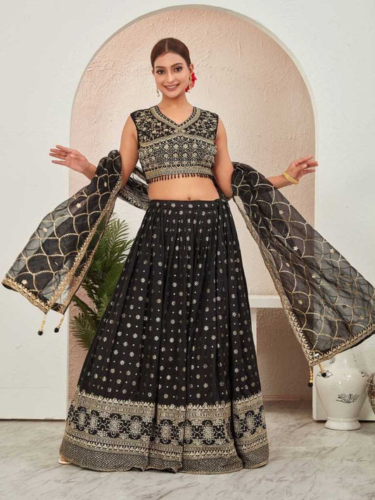 Bride DJ Special Black Dola Silk Embroidered Lehenga Choli