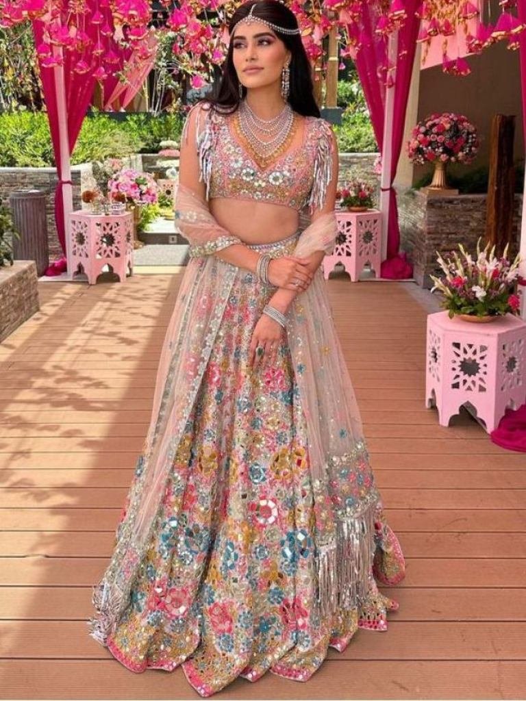 Bridesmaids Multi color Floral Pattern butterfly Net Lehenga Choli