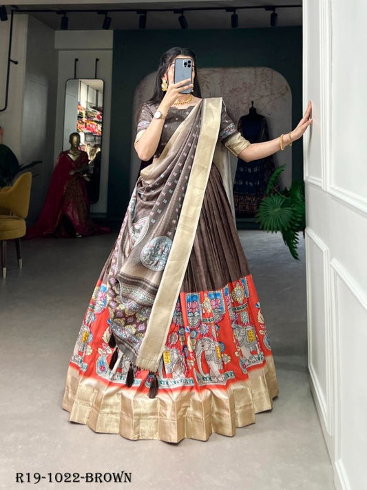 Brown Kalamkari Printed Dola Silk Lehenga Choli
