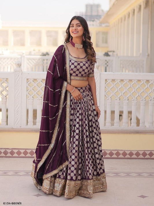 Brown Sequence Embroidered Lehenga Choli With 3 5 Meter Flair