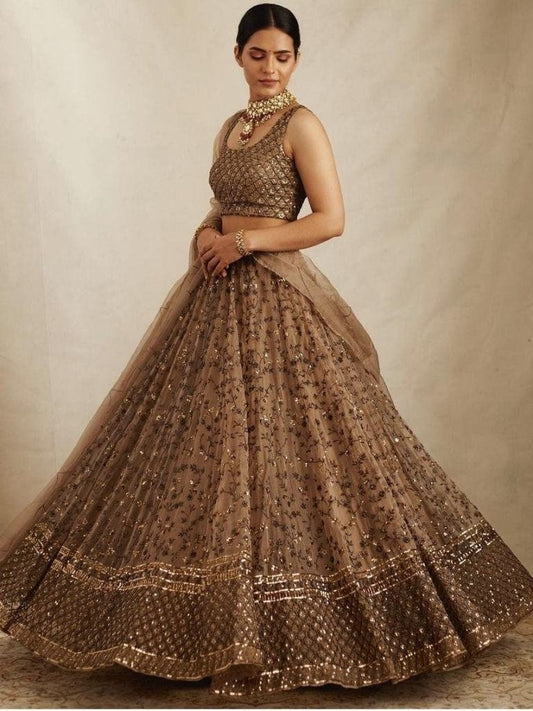 Brown Thread Work Soft Net Lehenga Choli