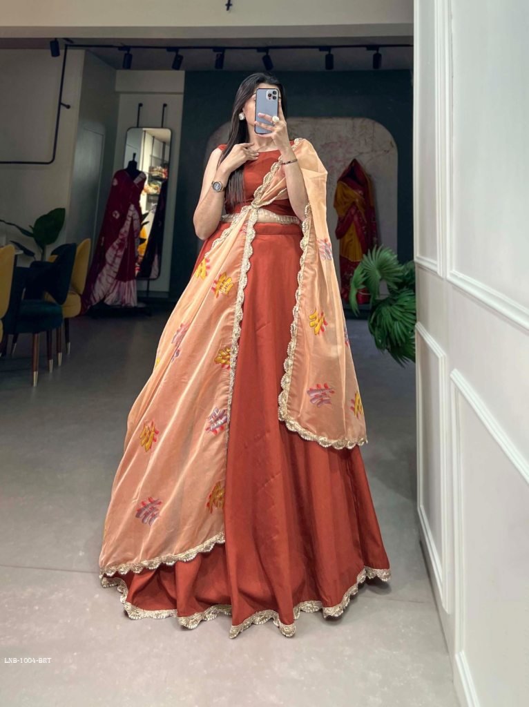 BRT Plain Viscose Chanderi Lehenga With Organza Printed Dupatta