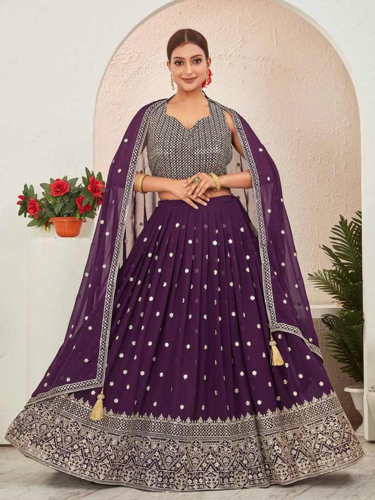 Burgundy Georgette Embroidered Stitched Lehenga Choli