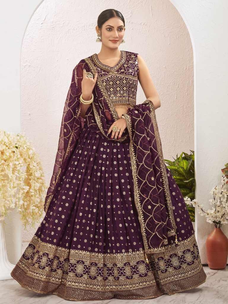 Burgundy Jacquard Dola Silk Embroidered Lehenga Choli