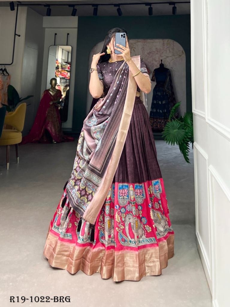 Burgundy Kalamkari Printed Dola Silk Lehenga Choli