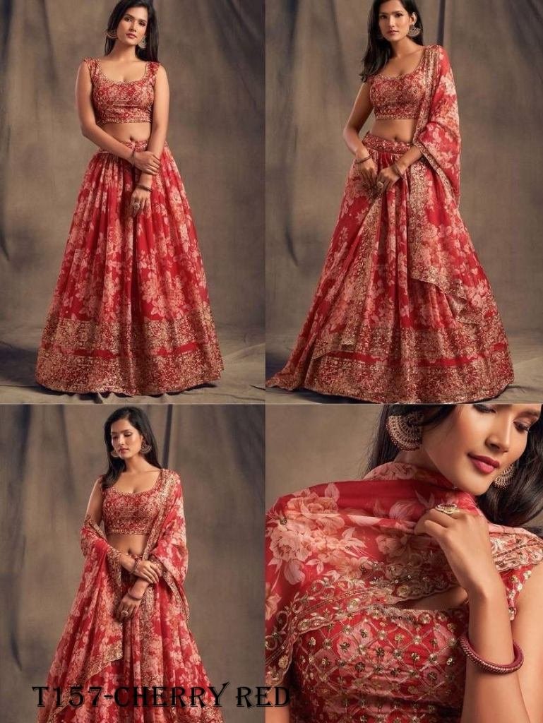 Cherry Red Soft Organza Digital Print Lehenga Choli