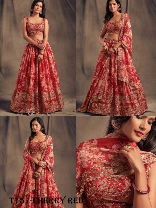 Cherry Red Soft Organza Digital Print Lehenga Choli