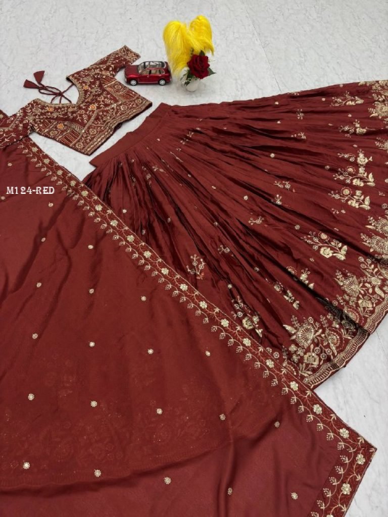 Chinon Brwonish Red Sequence Lehenga Choli Set