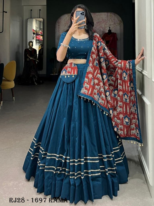 Cotton Gota Patti Print Rama  Lehenga choli