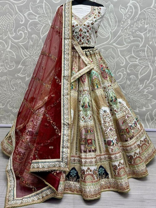 Cream Colour Sequins Work Elephant Patch work Bridal Lehenga