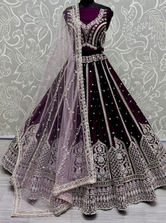 Crystal Pipe Handwork Purple Colour Wedding Lehenga