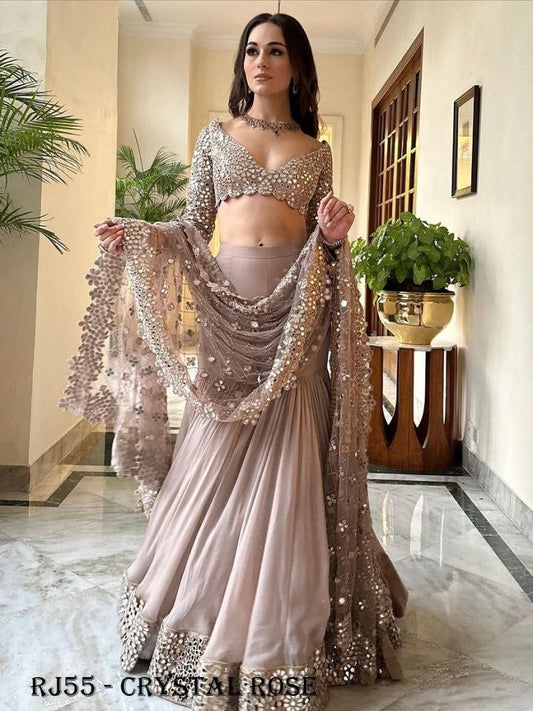 Crystal Rose Color Georgette Wedding Special Sharara Choli Set With Dupatta