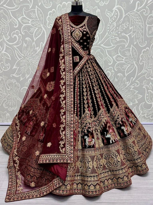 Dark Maroon Bollywood Bridal Velvet Lehenga Choli With Beautiful Neck Work