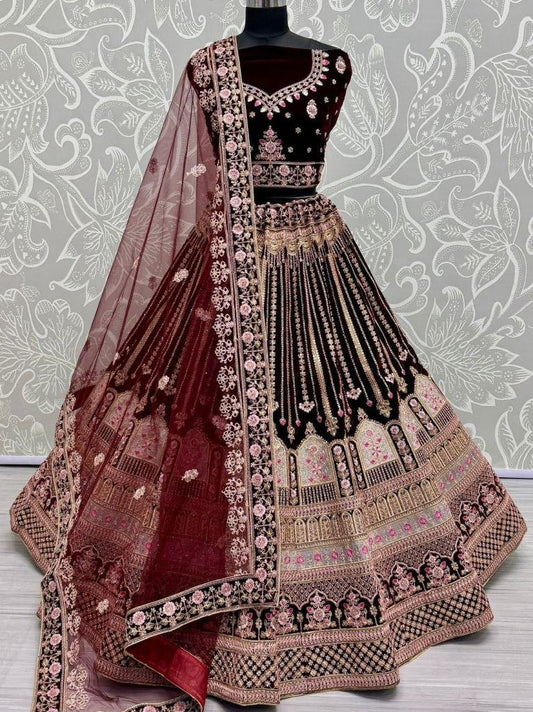Dark Maroon Celebrity Bridal Velvet Lehenga Choli