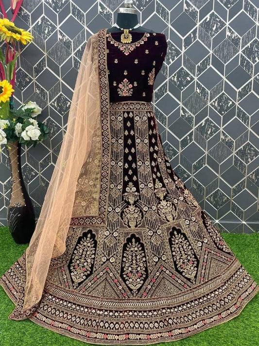 Dark Maroon Velvet Embroidered Wedding Lehenga Choli With Dupatta