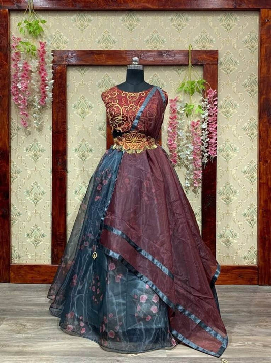 Designer Brown  Organza Printed Lehenga for Bridesmaid