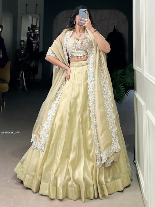 Designer Gold Crush  With Sequence Work Tea Yellow Lehenga
