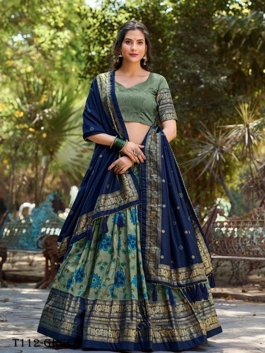 Designer Kalamkari Print  Blue Silk Lehenga Choli For Women