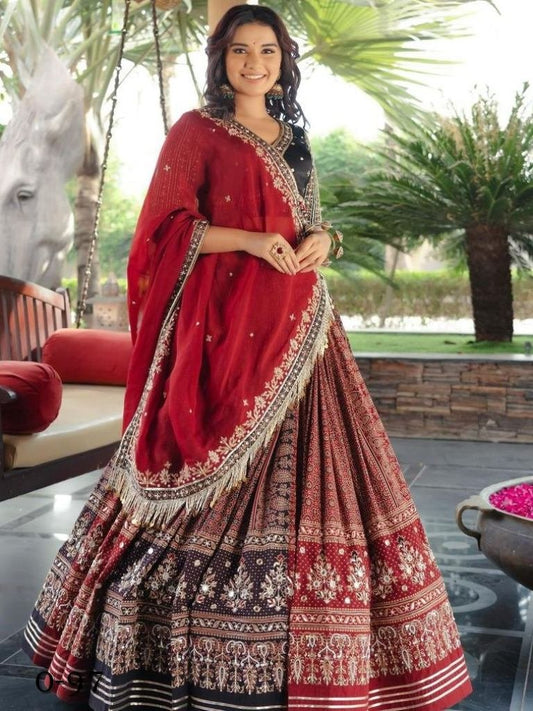 Designer Muslin Cotton Navratri Printed Red Lehenga Choli