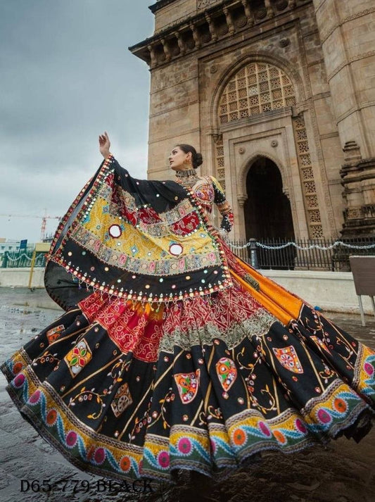 Designer Printed Butter Silk Navratri Lehenga Choli with Real Mirror Work