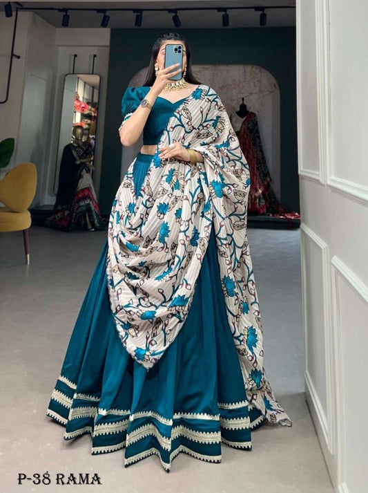 Designer Rama Lehenga Choli With Printed Dupatta