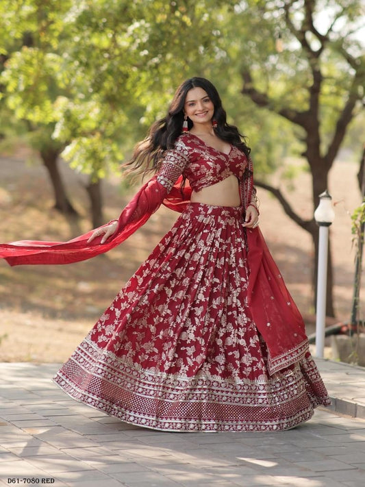Designer Sequin Work Red Lehenga Choli Ensemble 2024