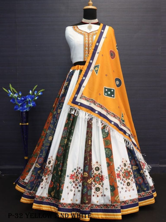 Digital Print Muslin Cotton Yellow and White Lehenga Choli