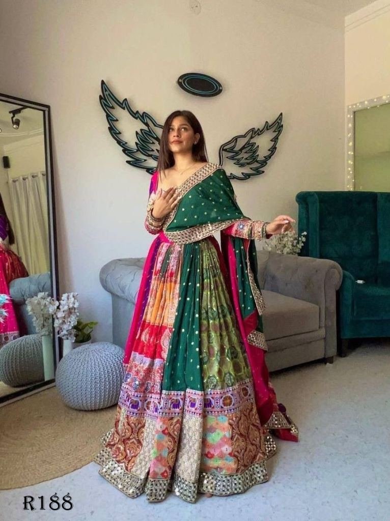 Digital Printed Muslin Silk Lehenga Choli With Real Mirror Work