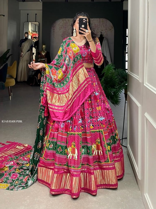 Digital Printed Rani Pink Gaji Silk Lehenga-Perfection For Every Occasion