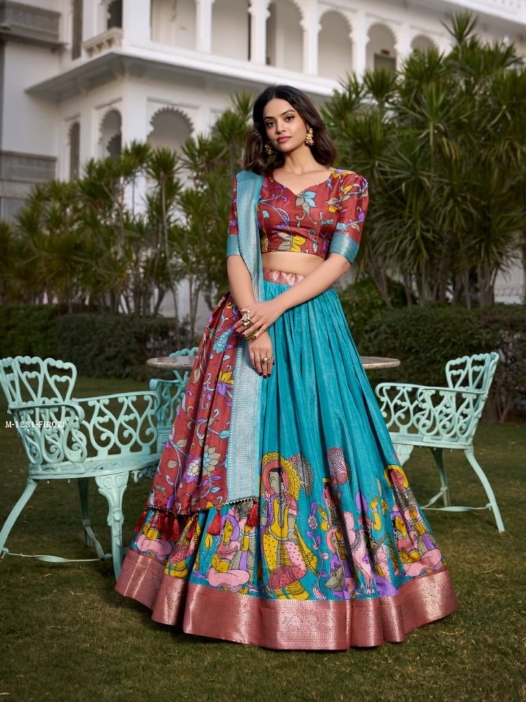 Dola Silk Firozi Lehenga Choli with Kalamkari Print