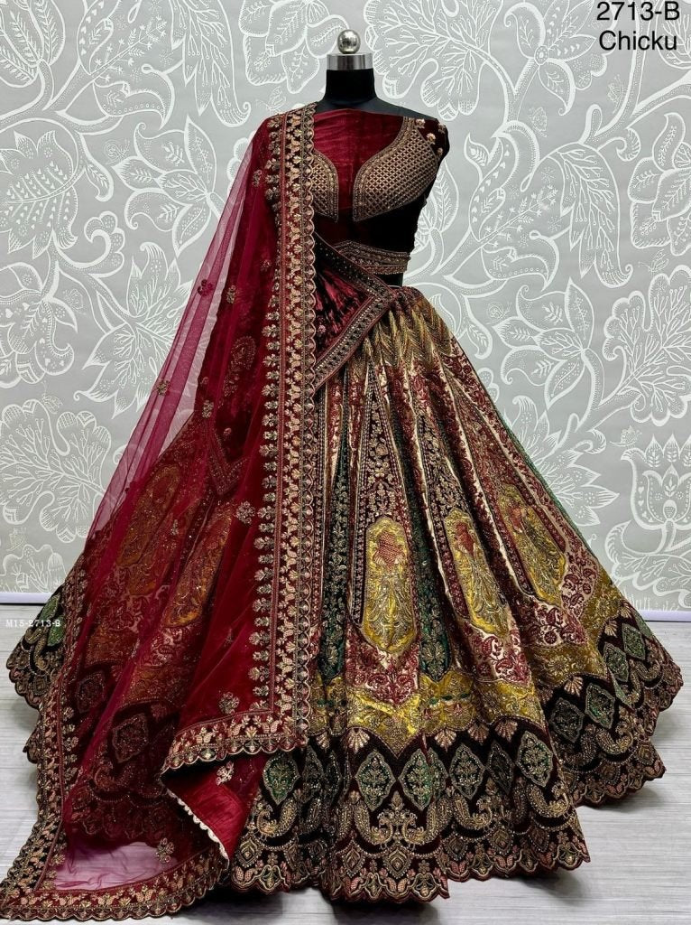 Double dupatta and Heavy Velvet Patchwork Designer Chiku Bridal Lehenga choli